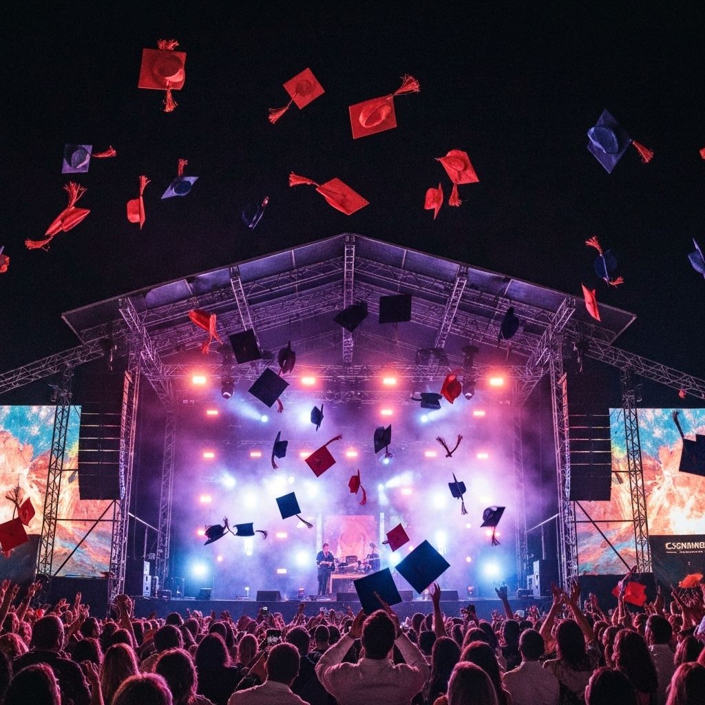 Graduation caps flying over illuminated stage