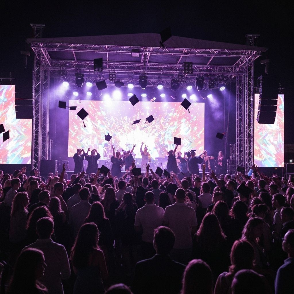 Crowd celebrating graduation with festival lights